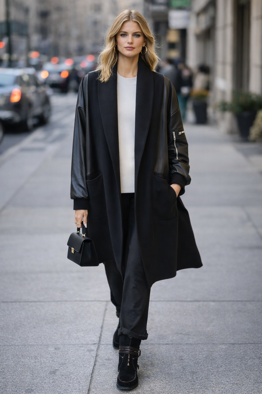 Leather-Sleeved Long coat