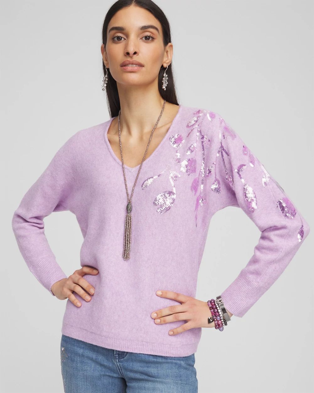 Sequin-Embellished V-Neck Sweater