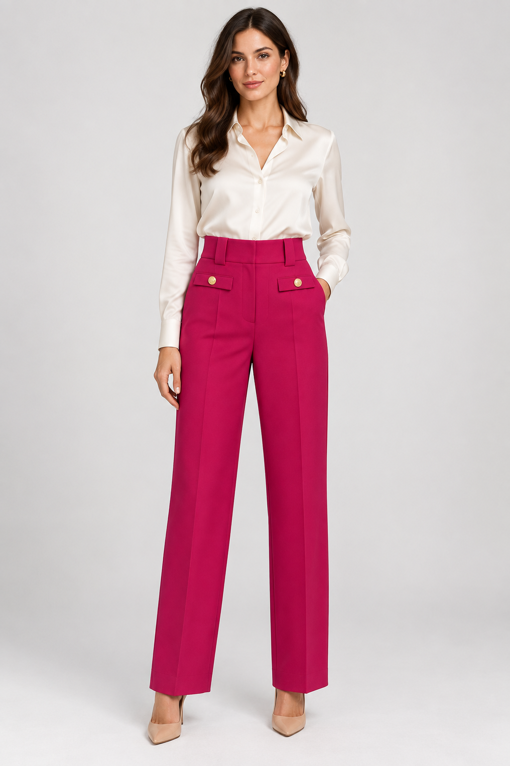 Fuchsia Gold-Button Tailored Pants