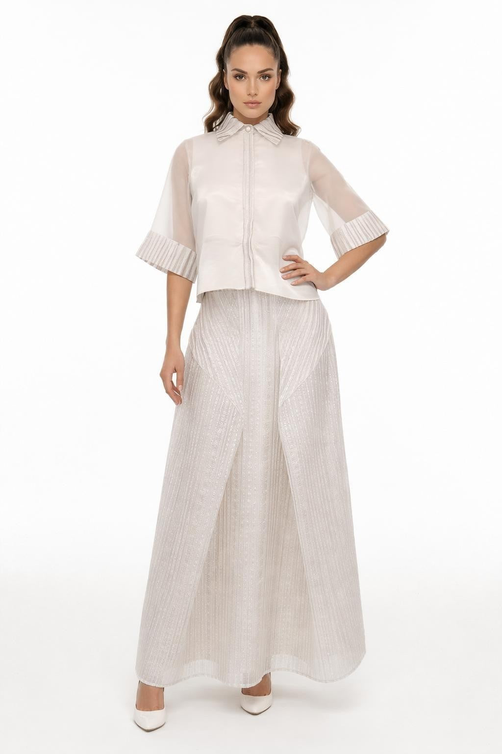 Textured Pleated Midi Skirt – Ecru