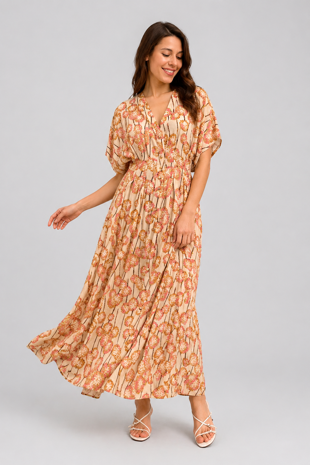 Floral Flow Midi Dress – Soft Peach Bloom
