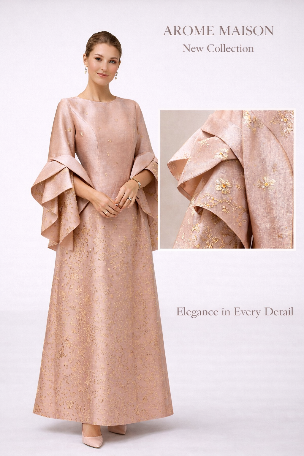 Shimmering Long Evening Bell-Sleeve Dress
