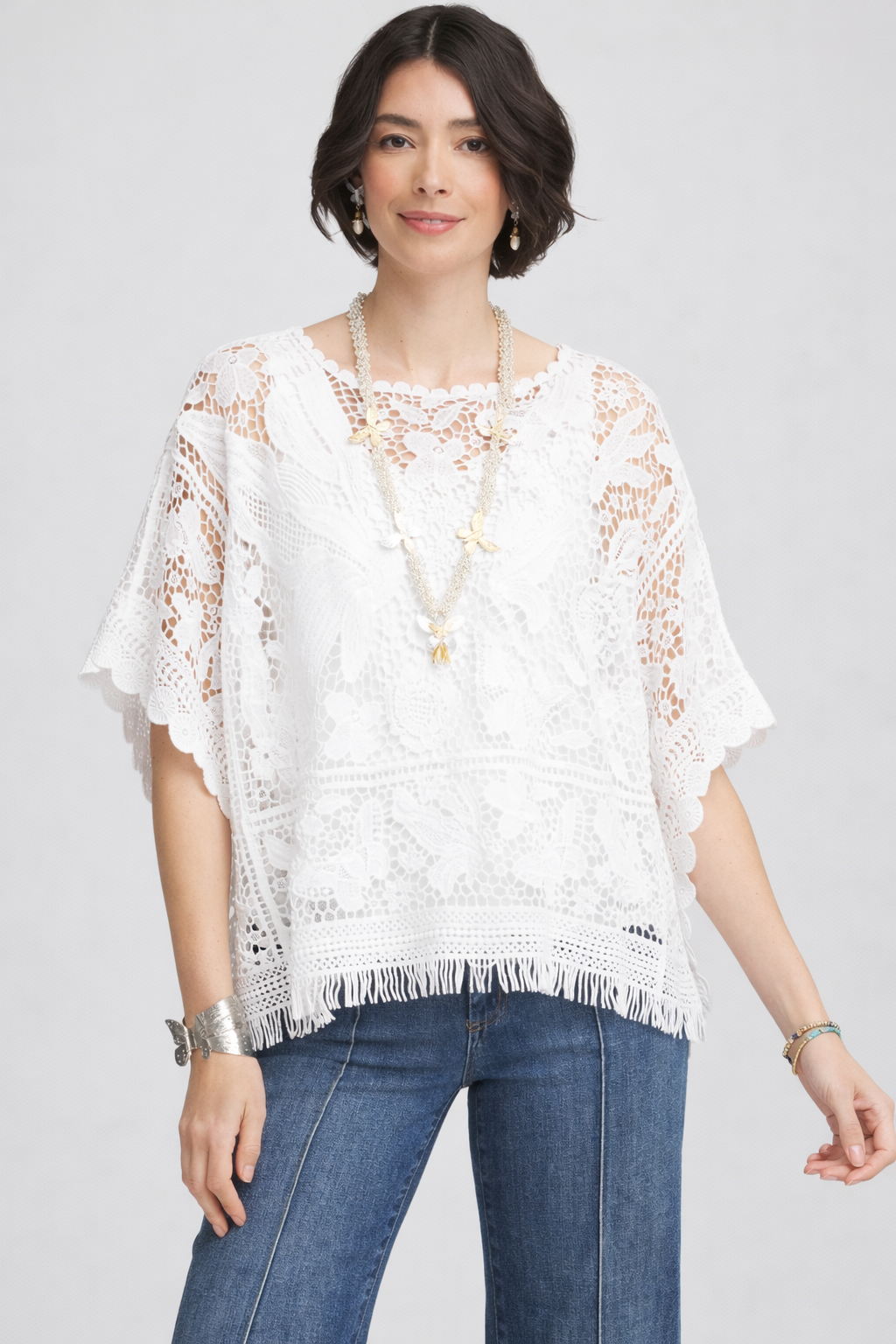 Chic White Puff-Sleeve Top with Crochet Details