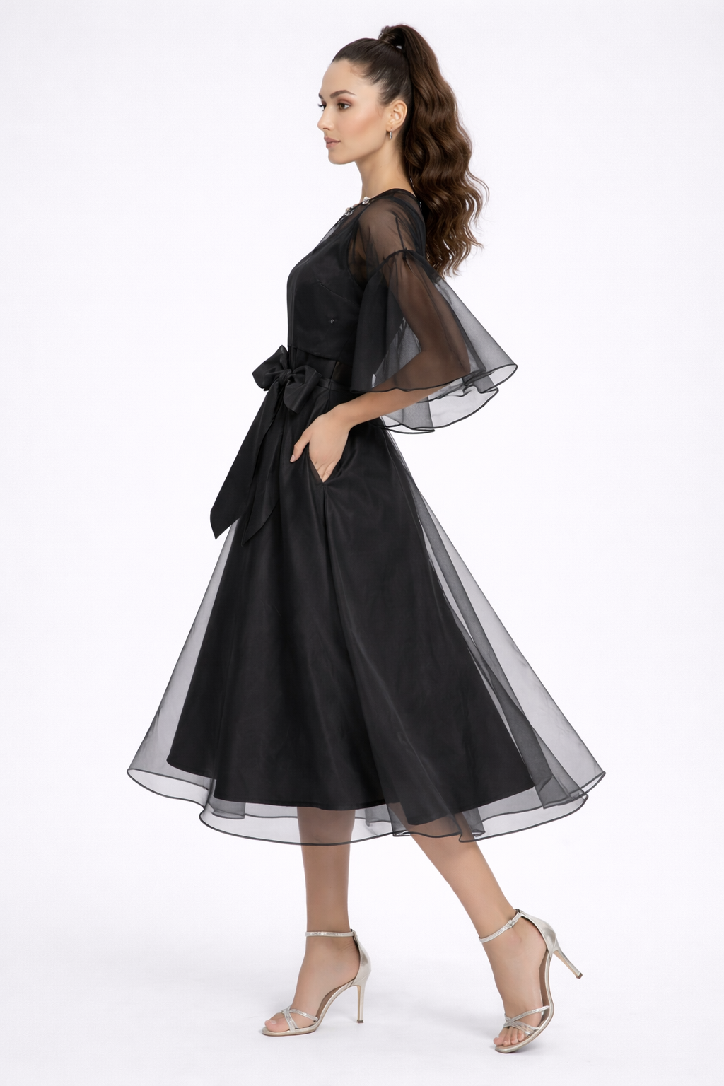 Black Organza Overlay Midi Dress