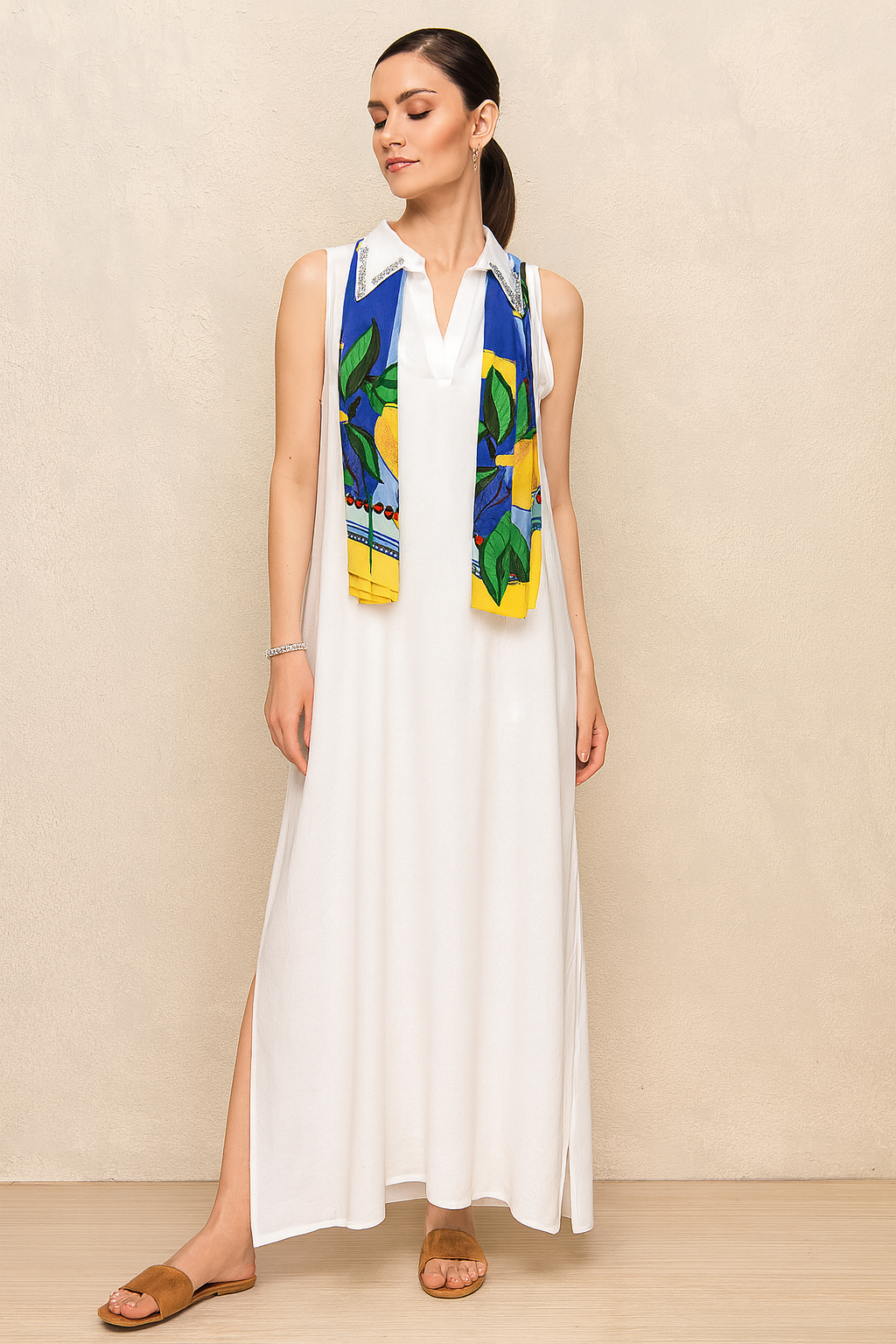 Linen Long Dress with Stones Collar